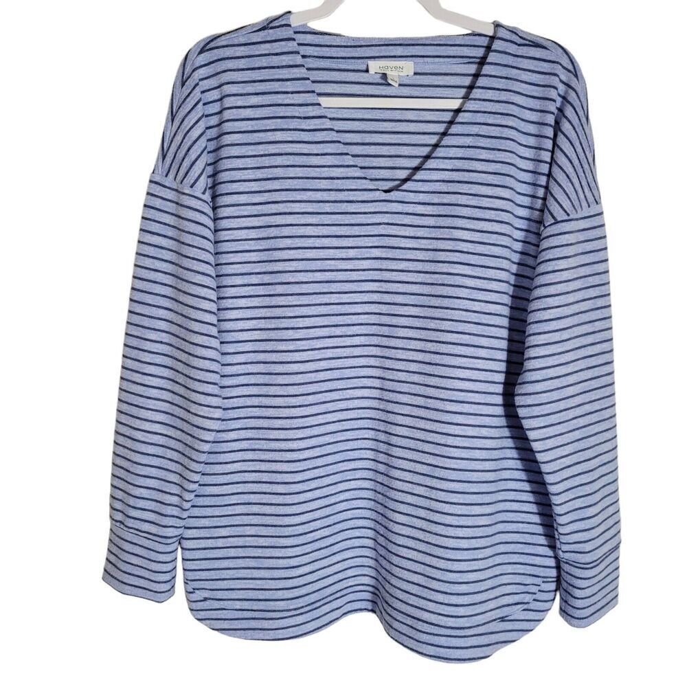 Haven Well Within Blue Striped V Neck Sweater Women's Size Large Beach Nautical